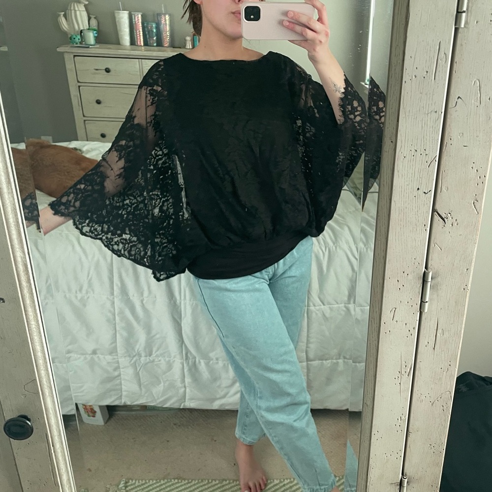 The Muses Lounge Black Lace Batwing Top